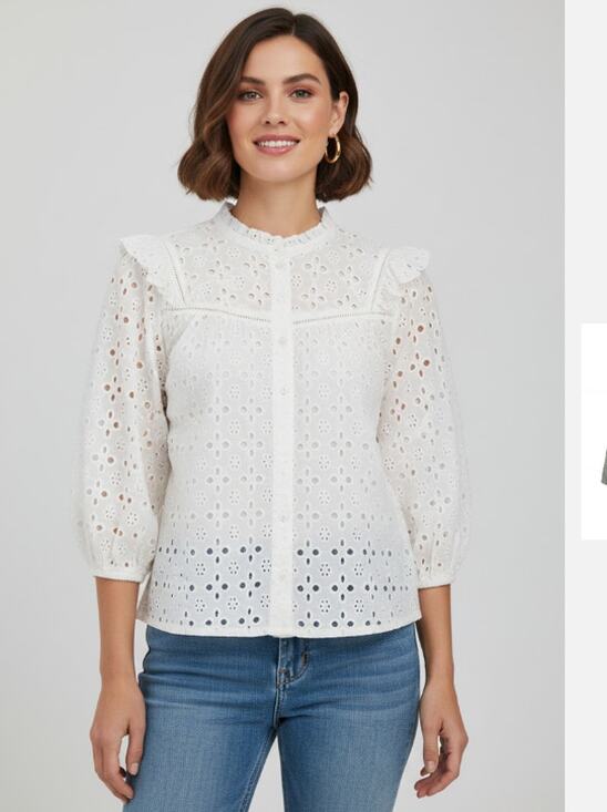 CeCe Tops - Cece White Eyelet Lace Button Down Blouse Ruffle Trim Scalloped Top Size 2X